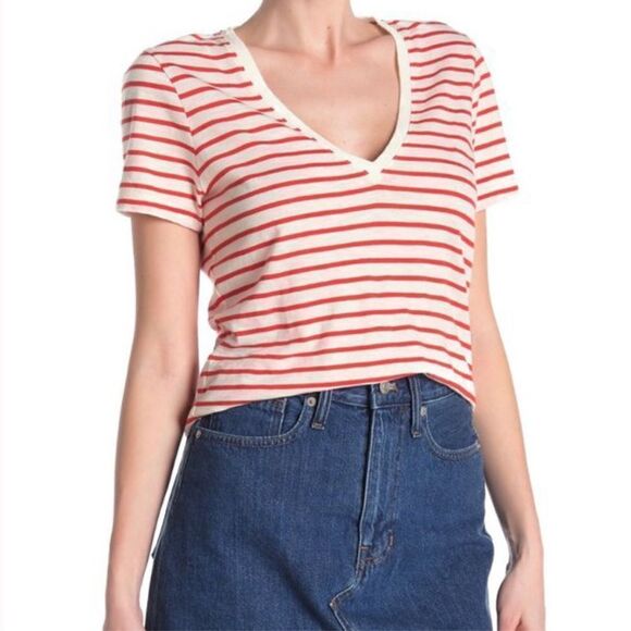 Madewell Tops - Madewell Theresa Classic Red white Striped V-neck short sleeve casual T-shirt